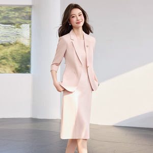 Pink Suit Set Women's Summer Elegant Slim Fit Midi Skirt Three Quarter Sleeve Office Lady Business Commute Anti Wrinkle Worsted - Product Image 5