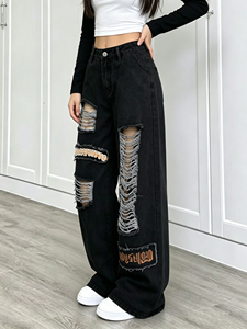 Women High Waist <strong>Black</strong> Washed Ripped <strong>Wide</strong> <strong>Leg</strong> Jeans Gothic Letter Patch Distressed Fringe Denim <strong>Trousers</strong> - Product Image 5