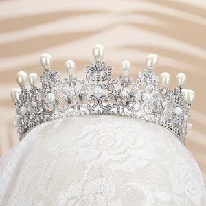 16437奢华珍珠立方锆石皇冠花朵头带头饰婚礼新娘嘉年华发饰新娘头饰
