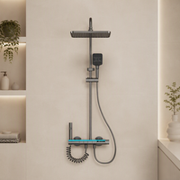 Juego de ducha tipo lluvia de aluminio 4209 duradero con pantalla digital de 4 funciones, teclas tipo piano, rociador de mano y estante para baño de villa