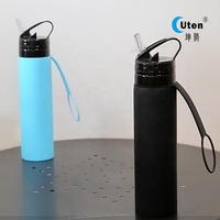 Bouteille de sport pliable en silicone LFGB 600 ml, anti-fuite, avec bouchon à boire directement, écologique, résistante à l'ébullition, idéale pour les voyages et la salle de sport
