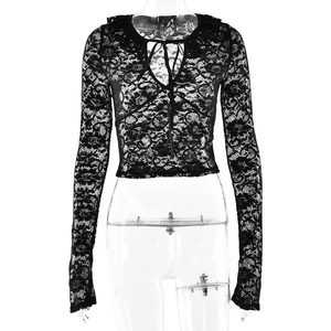 Top de encaje personalizado 2026 para mujer, con cuello anudado, manga larga, ajustado, translúcido, con aberturas, para fiesta - Product Image 5