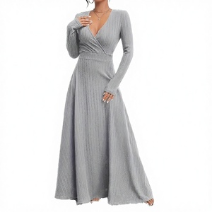 Vestido de punto casual para mujer, estilo maxi, corte A, cuello en V, a rayas, transpirable, de manga larga, para fiesta, otoño-invierno - Product Image 2