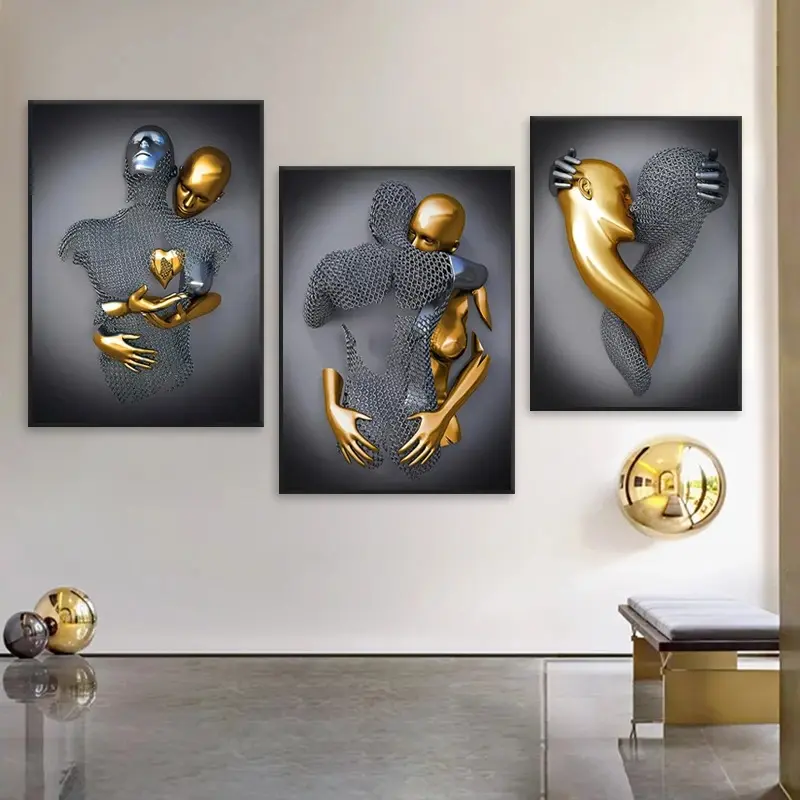 Home Decor Cuadros Abstract Gold Metal Figure Romantic Lover Sculpture Poster Print Picture metal wall art decor