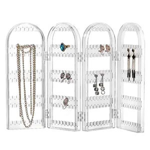 240 Löcher Falten Klar Acryl Ohrringe Halter für Frauen 4 Türen Faltbare Halskette Display Stand Rack Hanging Jewelry Organizer