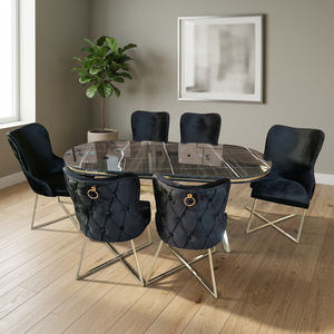 Luxury Convertible Modern <b>6</b>-Piece <b>Dining</b> Room <b>Set</b> with <b>Velvet</b> <b>Chairs</b> Metal & MDF Table Contemporary Home Furniture - Product Image 1