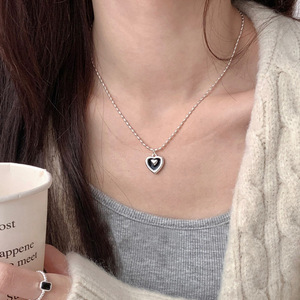 S925 Sterling Silver <b>Heart</b> Necklace <b>Black</b> Glaze Design Clavicle Chain Fashionable Light Luxury Jewelry Gift - Product Image 2