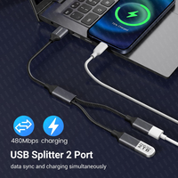 Divisor USB 1 en 2 salidas Cable divisor USB Adaptador de doble puerto doble para carga, Alimentación y datos HUB de 2 puertos para PC portátil