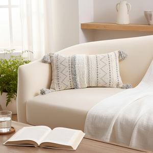 BlissBlush 12x20 Gray Boho Decorative Lumbar Pillow Cover Neutral White Farmhouse Accent Seat <b>Cushion</b> <b>Rectangular</b> Boho Style - Product Image 3