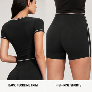 Women's Solid Square Neck Short Sleeve <b>Crop</b> <b>Top</b> High Waist Yoga Shorts 2-Piece Set Contrast Piping Four-Way Stretch - Product Image 6