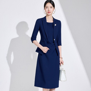 Women's Suit Set Navy Blue Three Quarter Sleeve Blazer And Skirt Anti Wrinkle Solid Color Professional Workwear - Product Image 1