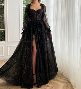 15199 # Echte Fotos Schwarz schimmernde Pailletten Spitze lange geschwollene Ärmel Split Front Hochzeits feier Abendkleid für Frauen Ballkleid - Product Image 4