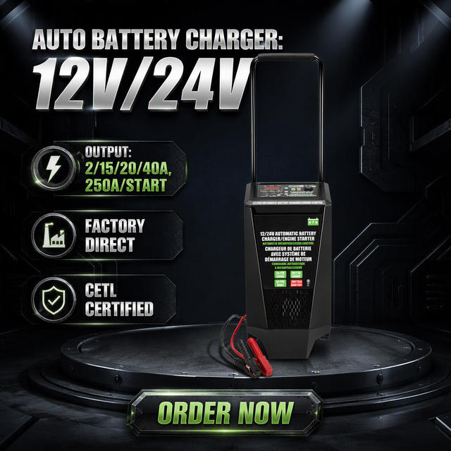 Car Battery Charger & Jump Starter 12V/24V with Plug Connection 110V/220V Input