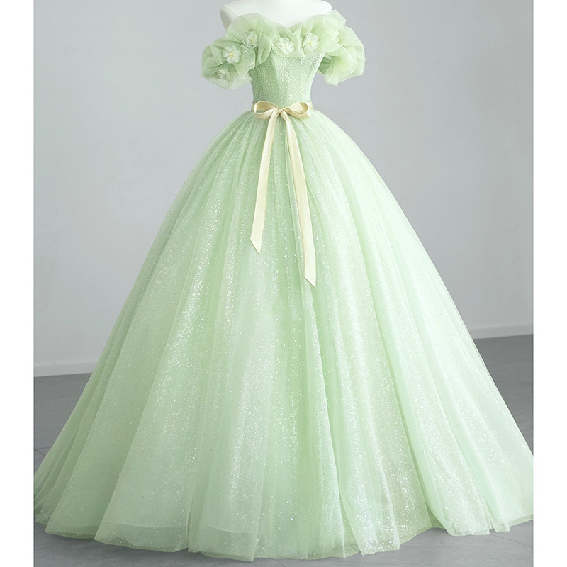 strapless open back dress Summer Girls Flowers Green Sleeveless Mesh Princess Dress – marryshe main image 0