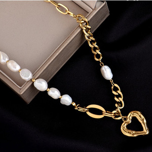 Heart Shape Pearl Chain Necklace Gold Color Titanium Steel Everyday Wear Unisex Clavicle Chain Fine Pendant Necklace - Product Image 2