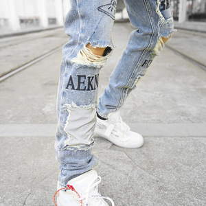 Pantalones Jeans pantaloni Designer riflettente Patched Hip Hop Streetwear Jeans strappati uomo <span class=keywords><strong>Jens</strong></span> Pant uomo corea per uomo Slim - Product Image 4