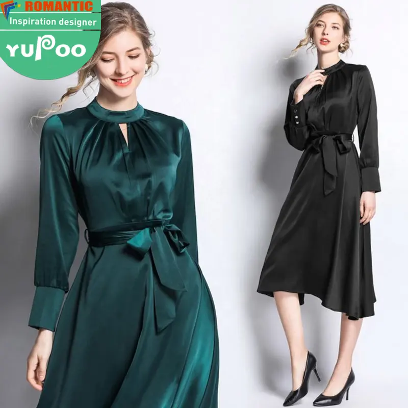 Chinese clothing manufacturers early spring new arrival stand collar long sleeve solid color beautiful fashion ladies dresses