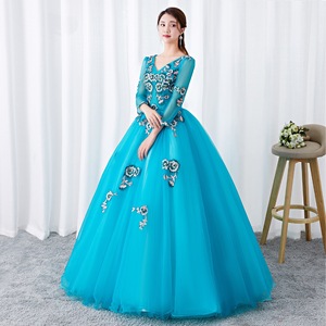 Elegant Tulle Ball Gown V Neck Floral Embroidery Lake Blue Evening Dress Women Formal Party Wedding Dress - Product Image 4
