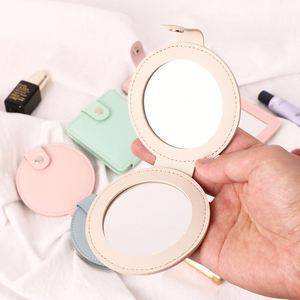 Custom Logo Double-Sided Pocket <b>Pink</b> Travel Makeup Small Pu Leather Folding Cosmetic Mirror 2X Magnification Lighted - Product Image 1