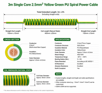 Câble d'alimentation spiralé en PU jaune-vert personnalisé de 3 m, monoconducteur 2,5 mm², fil de terre flexible pour équipement industriel