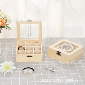 Caja de almacenamiento de joyas de madera con tapa de vidrio, organizador de escritorio con 9 compartimentos para exhibición y almacenamiento de joyas - Product Image 3