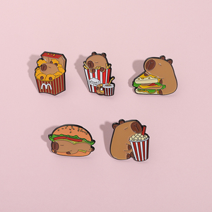 Mignon Capybara Animal émail broche dessin animé hippopotame avec Hamburger frites broches en métal revers Badge bijoux cadeau pour les amis - Product Image 1