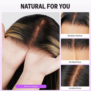 Peluca de encaje frontal sin pegamento 6x5 de 20 pulgadas, pre-arrancada, pre-cortada, 220% de densidad, con reflejos decolorados, lisa, <span class=keywords><strong>balayage</strong></span> natural - Product Image 2