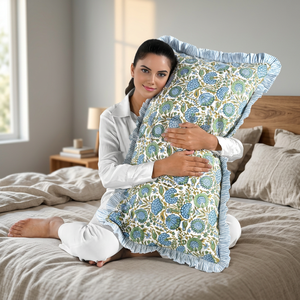 20x36 Floral Blue Green Ruffle Western Style Lumbar <b>Pillow</b> Cover Set Hand Block Print Cotton Removable Washable Zipper Closure - Product Image 2