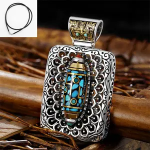 Wholesale Sterling Silver Pendant Personalized Men Buddhist Necklace Rotating Natural Turquoise Necklace