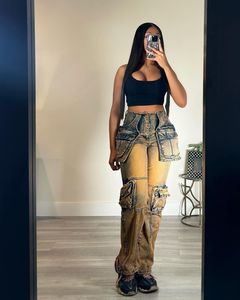 Think 2025 Jeans da donna <span class=keywords><strong>pantaloni</strong></span> in Denim da donna con tasca grande Patchwork a vita alta da donna Jeans <span class=keywords><strong>Cargo</strong></span> da donna in Denim lavato Y2k - Product Image 6