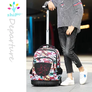 Fashion Doodle Pattern High-Capacity School Kids Roller Wheeled Backpack Trolley Bag For Girls