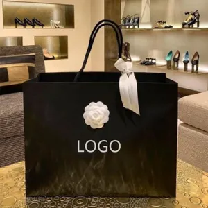 Luxury Custom Gold Hot Stamping Retail Shopping Gift Paperbag Packaging Boutique Bags Black Paper Bag With Your Own Logo