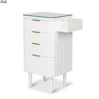 Meuble de salon nordique en bois cannelé à 4 tiroirs, station de rangement pour salon de coiffure avec plateau en verre, support pour sèche-cheveux, chariot à outils pour salon de beauté