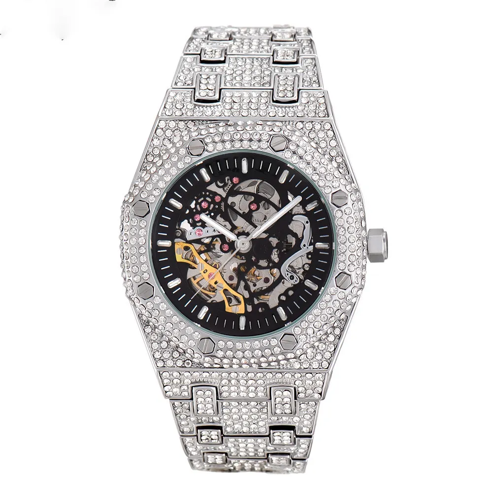 43MM Iced Out Openwork Mechanical Automatic Wrist Watch Full Shiny CZ Diamond Hand-Winding Skeleton Dial Luxury Watch for Men