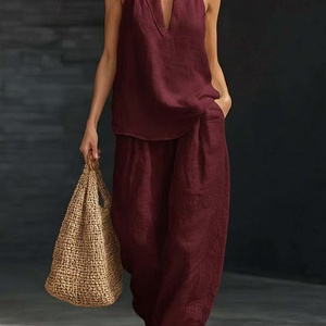 Conjunto de Dos Piezas para <span class=keywords><strong>Mujer</strong></span>, Estilo Europeo Americano 2026, Chaleco Holgado sin Mangas con Hombros Descubiertos, Pantalones Anchos Casuales de Verano - Product Image 3