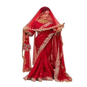 <b>Red</b> Silk <b>Saree</b> With Gold Embroidery And Dupatta For Wedding Traditional Indian Pakistani Women Floor Length Regular Fit - Product Image 1