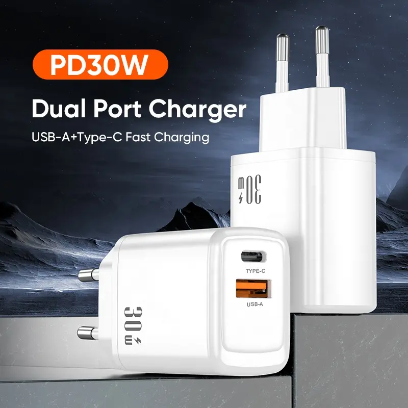 EU Plug Version QC3.0 Wall Mobile Phone Fast Charger Double Port Quick Fast PD30W Universal Power Adapter Charger