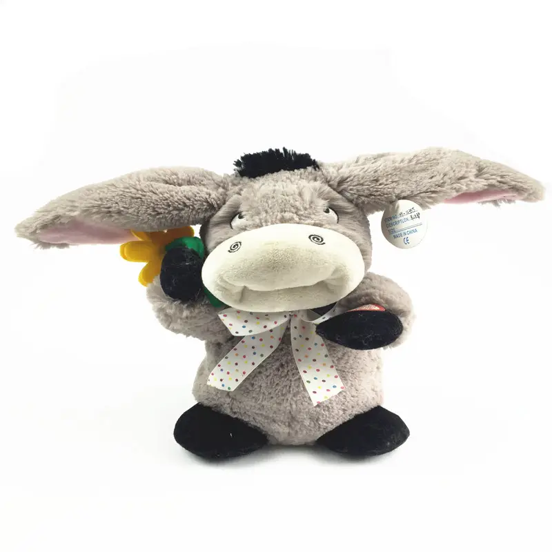 Gravação elétrica personalizada e repetição Grey Donkey Stuffed Animal Plush Brinquedos com girassol