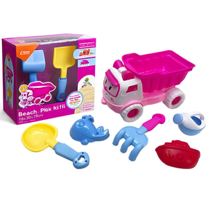Set di giocattoli da spiaggia rosa con camion ribaltabile, pala, rastrello e stampo 18x30x19cm per il divertimento dei bambini - Product Image 2