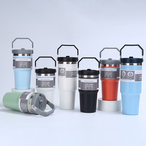 30oz Factory Wholesale Stainless Steel <b>Double</b> <b>Walled</b> Travel Wine Tumbler <b>Mug</b> With Handle And Flip Straw - Product Image 4