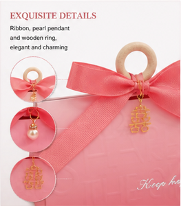 Custom <b>Pink</b> Paper <b>Gift</b> <b>Box</b> with Wooden Ring Handle Satin Ribbon Bow Foldable Packaging for Candy and Wedding Favor Wholesale - Product Image 4
