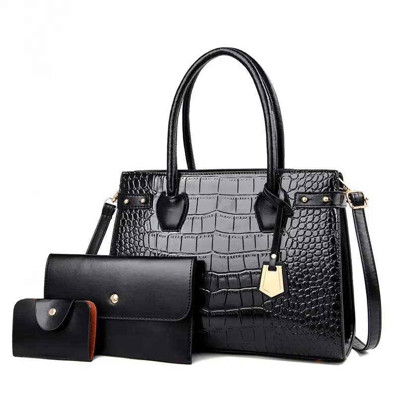 Custom Wholesale 2022 Women Ladies Handbags Black Pu Leather Hand Bag Set Luxury Purses shoulder bags Women Tote bag Sets
