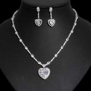 HIBRIDE ハート型6色キュービックジルコニアネックレスとイヤリングセット2点ジュエリーセット女性用ブライダルウェディングビジューN-1102 - Product Image 2