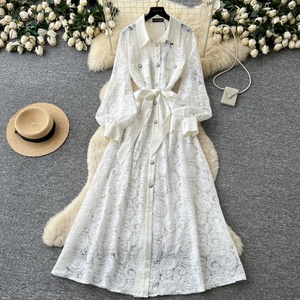 Abito Lungo Elegante da <span class=keywords><strong>Donna</strong></span> con Colletto alla Coreana in Pizzo, Stile Francese Romantico, Linea ad A che Valorizza la Silhouette, <span class=keywords><strong>Chic</strong></span> e Casual - Product Image 2