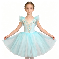 Tenue de ballet pour enfant, bleu ciel, fleurs, strass, robe de compétition en tulle à volants sur les épaules pour filles