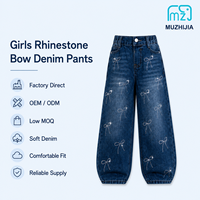 Celana Jeans Anak Perempuan Model Kaki Lebar Berhias Pita, Celana Denim Pinggang Elastis Kasual, OEM ODM Custom Private Label