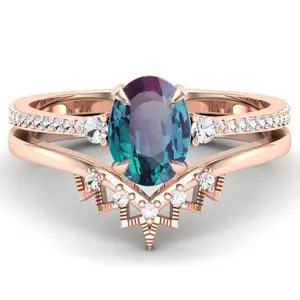 14k rose gold plated vintage art deco ring set Bridal Set 1.53 ct Alexandrite engagement ring set