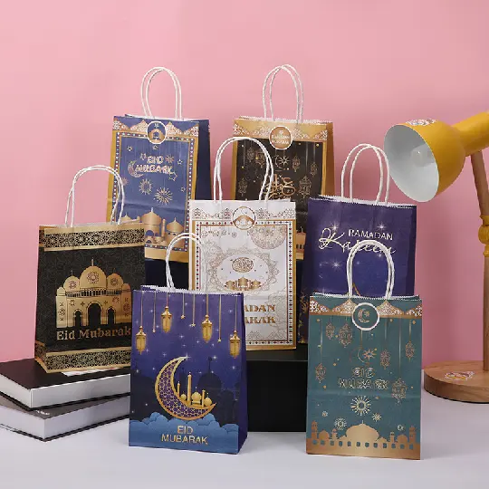 ขายส่งที่กำหนดเอง2021เดือนรอมฎอนถุงกระดาษอิสลาม Eid Mubarak เดือนรอมฎอนของขวัญบรรจุภัณฑ์ถุงกระดาษ