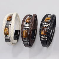 Bracelet en pierres œil de tigre double avec logo personnalisé, fermoir magnétique en acier inoxydable, bracelet en cuir multi-couches tissé à la main