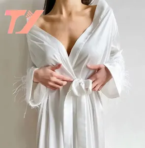 TUOYI New Woman Feather Silk Satin Pijamas Plus Size Dry Long Robe Party Night Gown Long Sleeve Lace Satin Fille Robe De Nuit